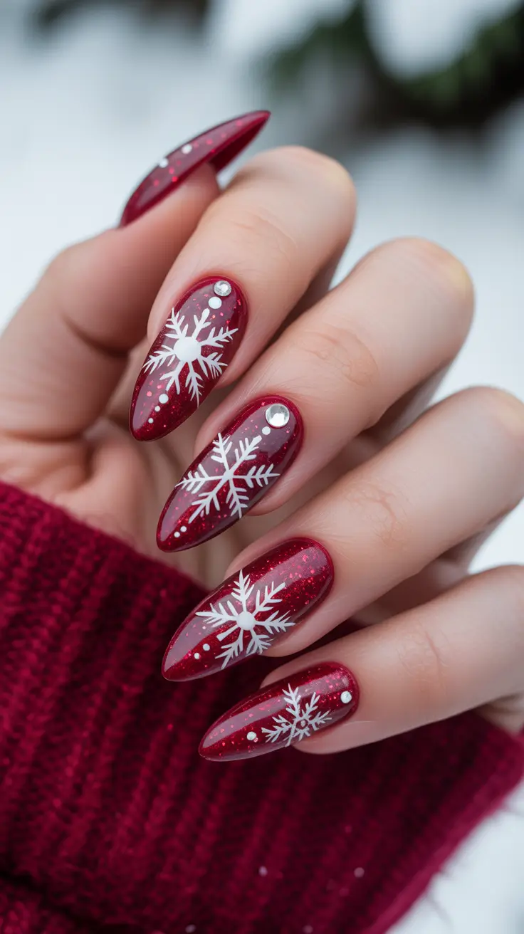 Winter Acrylic Nails 2025–2026 Crimson Sparkle with Snowflake Accents