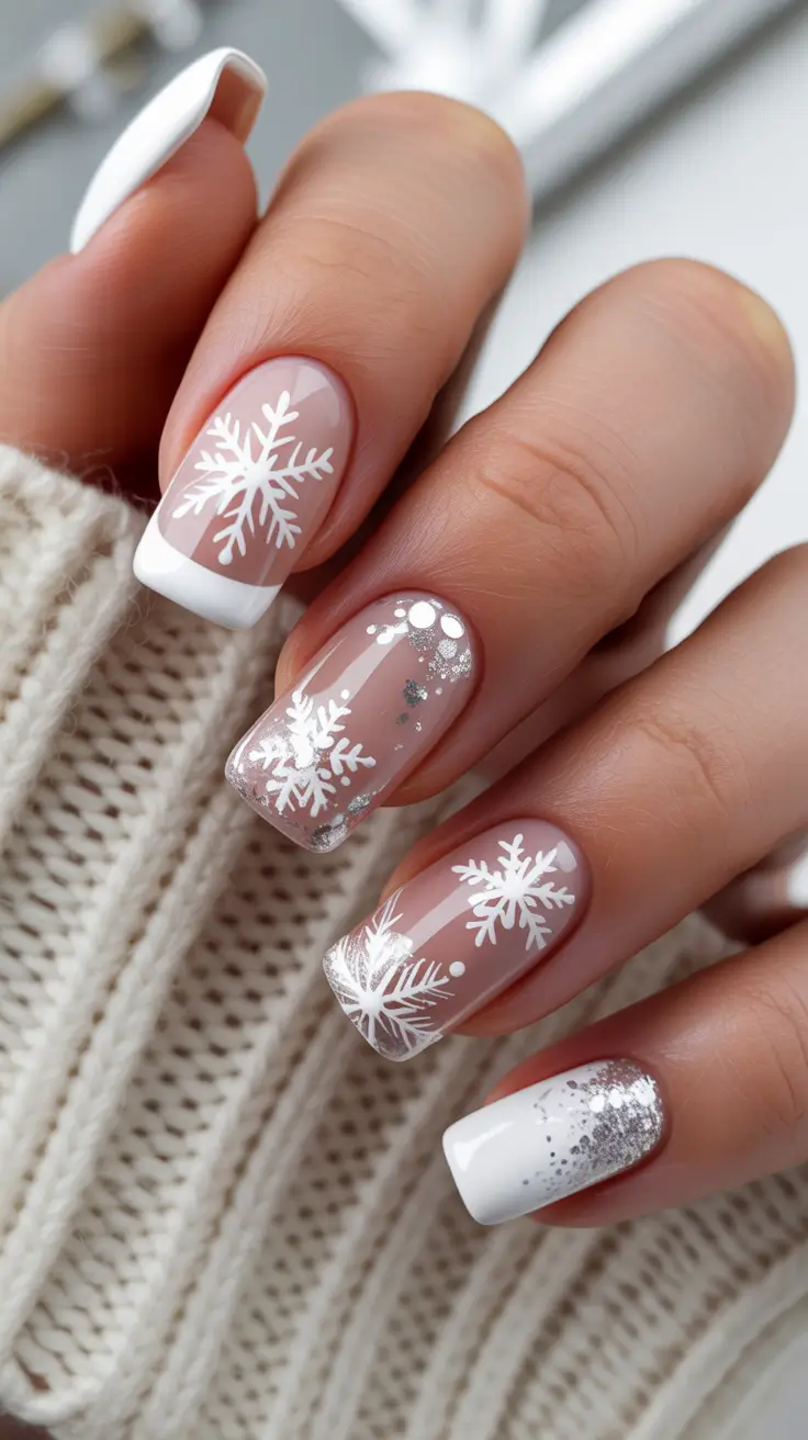Winter Acrylic Nails 2025–2026 Frosted French Snowflakes