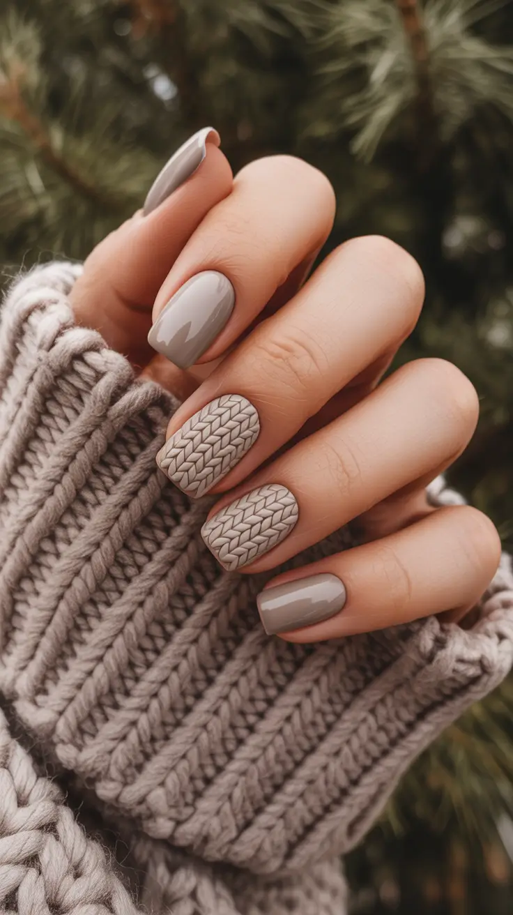 Winter Acrylic Nails 2025–2026 Cozy Taupe Knit-Texture Nails
