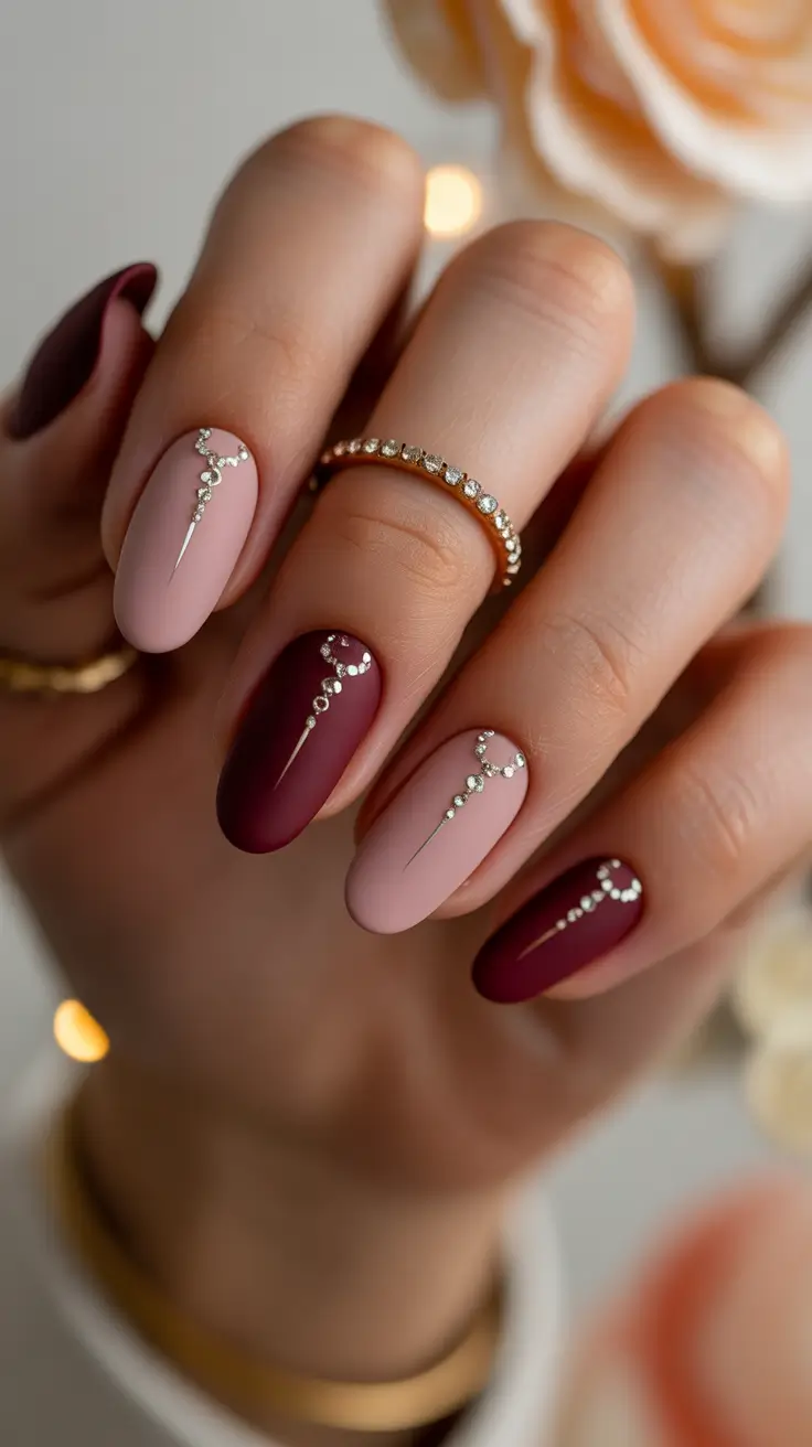 Winter Acrylic Nails 2025–2026 Matte Plum with Crystal Lines