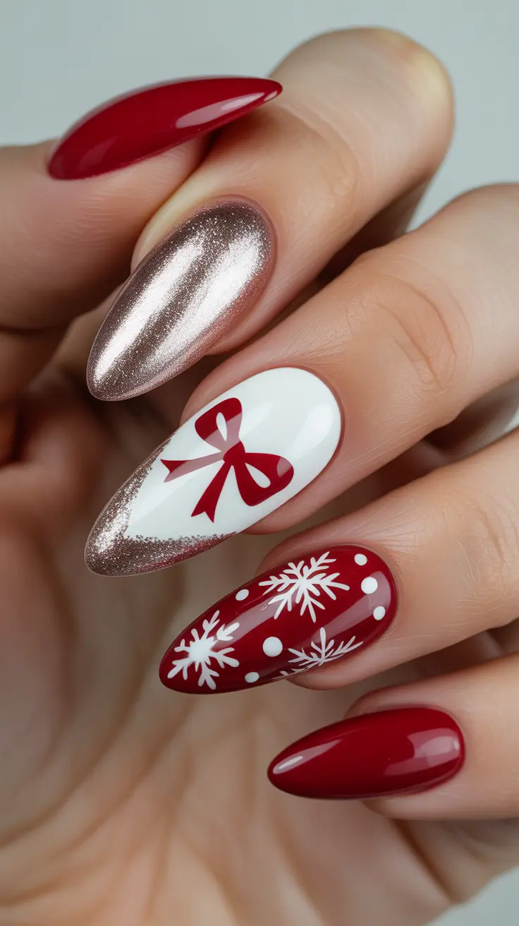 Winter Acrylic Nails 2025–2026 Festive Red and Gold Bow Design