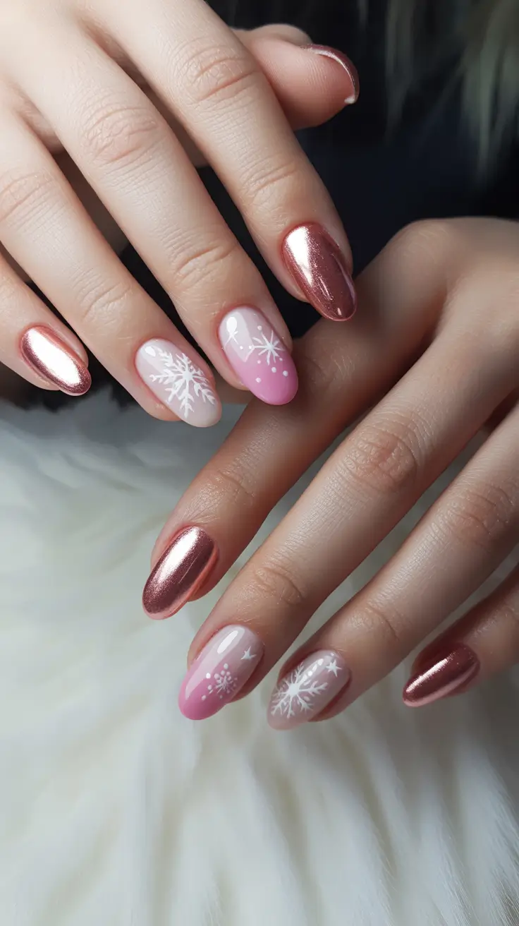 Winter Acrylic Nails 2025–2026 Rose Chrome and Pink Frost