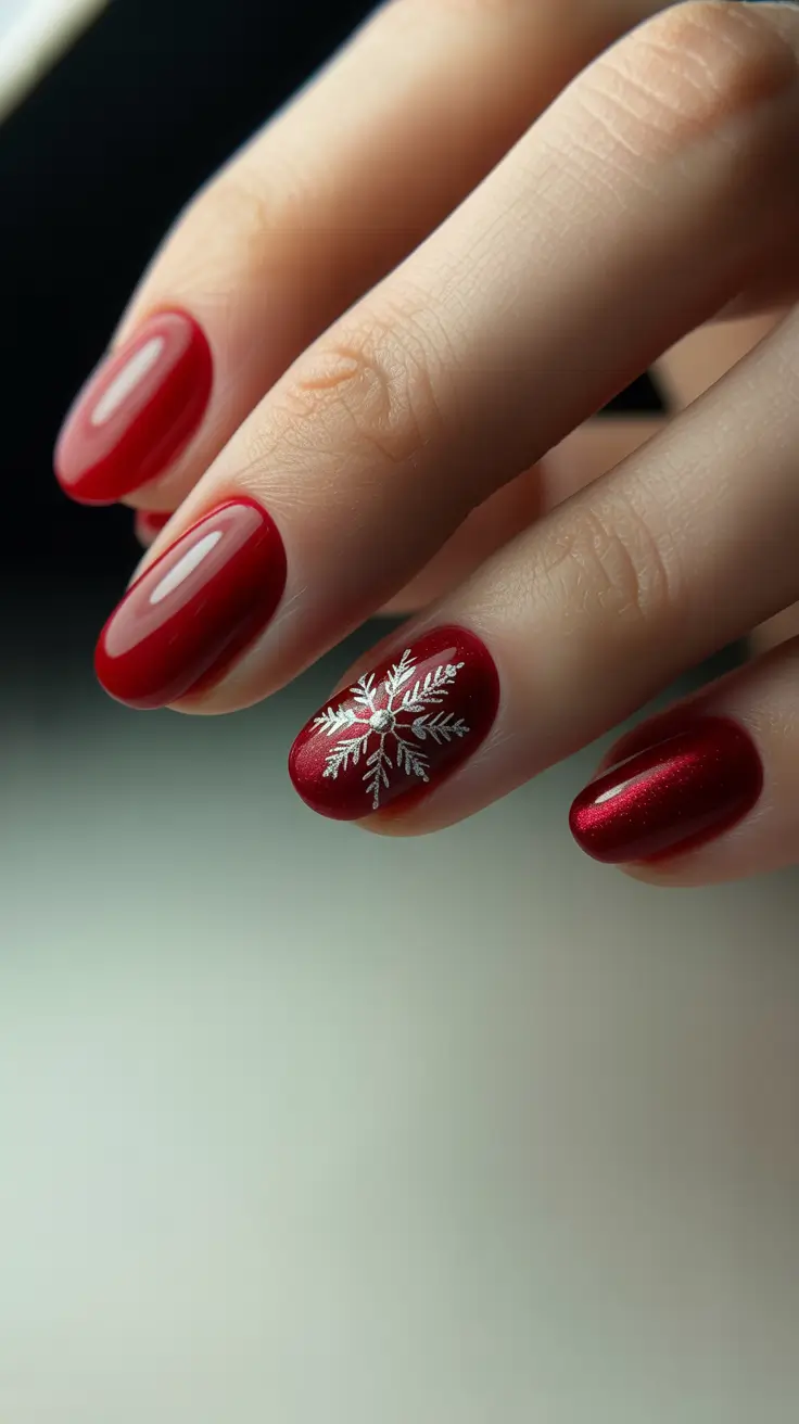 Winter Acrylic Nails 2025–2026 Crimson Snowflake Charm