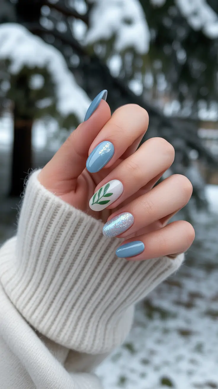 Winter Acrylic Nails 2025–2026 Powder Blue with Winter Leaf Accent