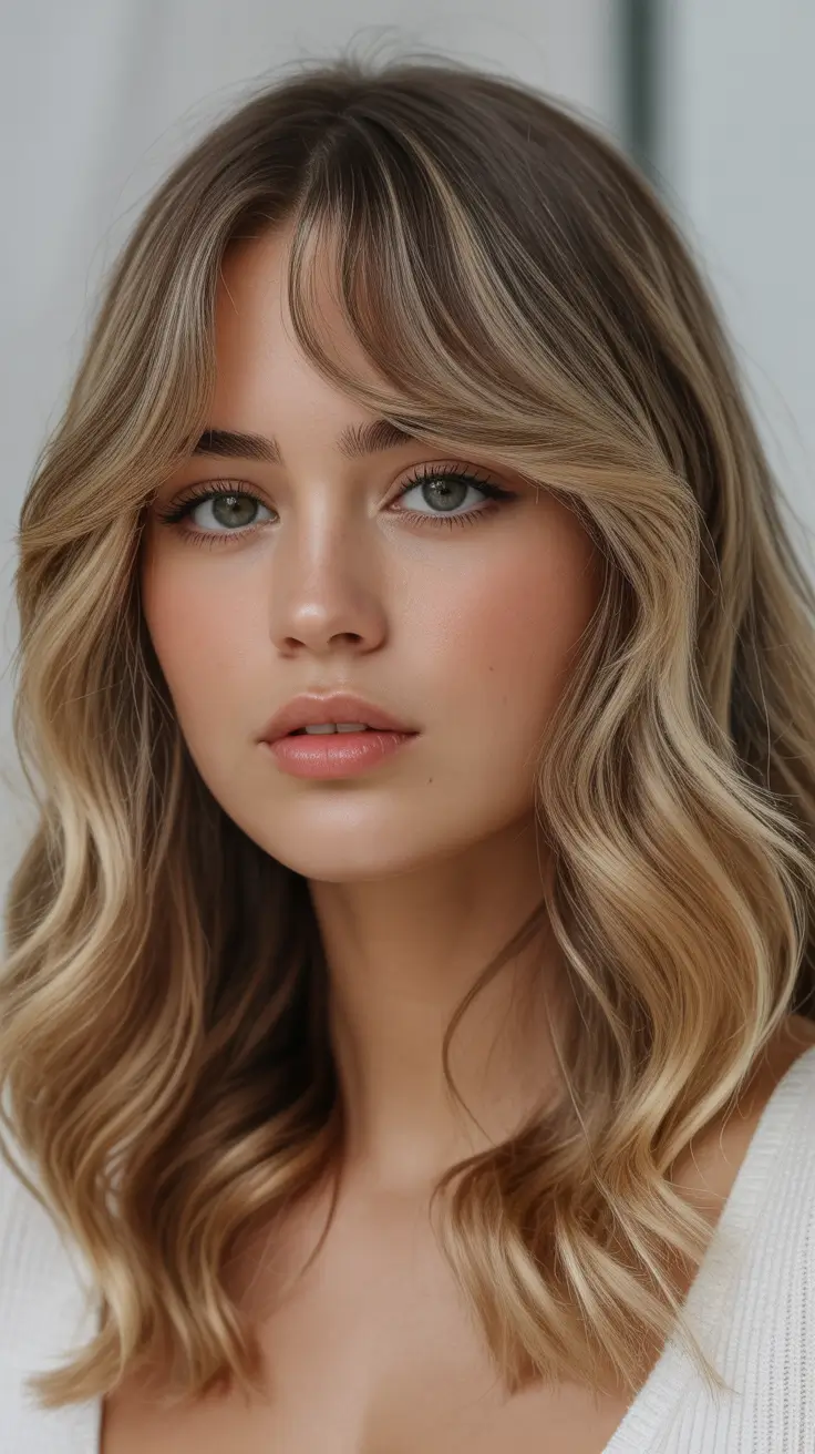 Winter Haircuts for Round Faces 2025 2026 Style Guide Mid-Length Waves with Curtain Bangs