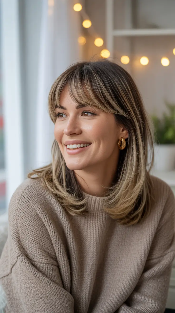 Winter Haircuts for Round Faces 2025 2026 Style Guide Textured Layers with Warm Blonde Highlights