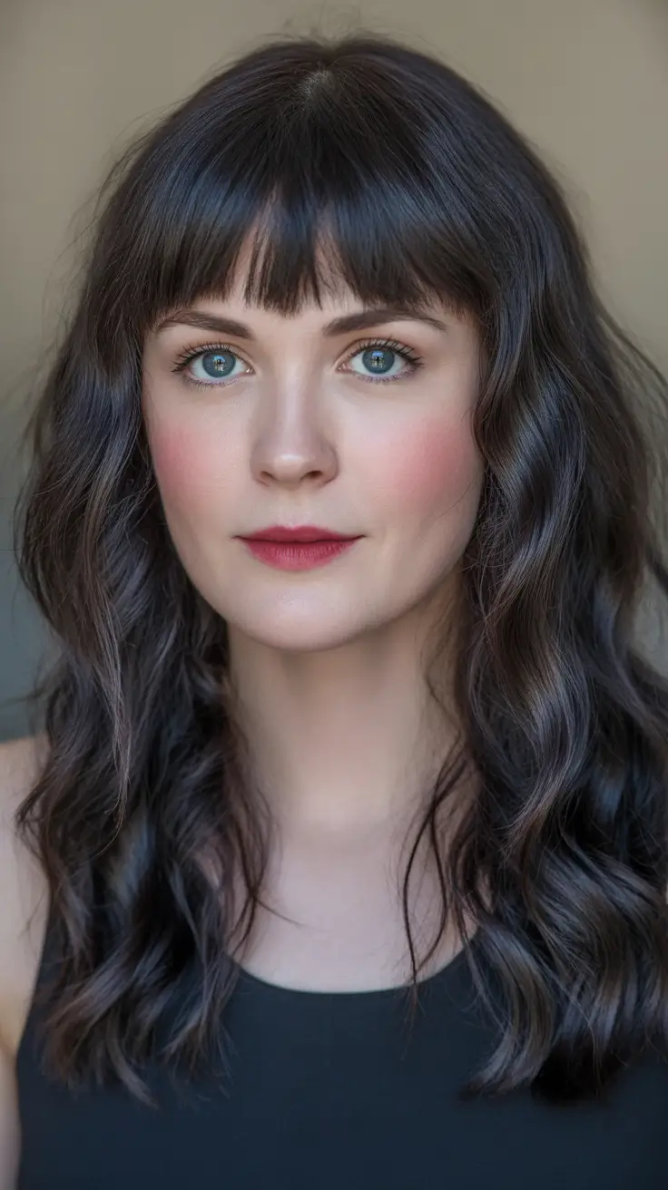 Winter Haircuts for Round Faces 2025 2026 Style Guide Dark Wavy Lob with Straight Fringe