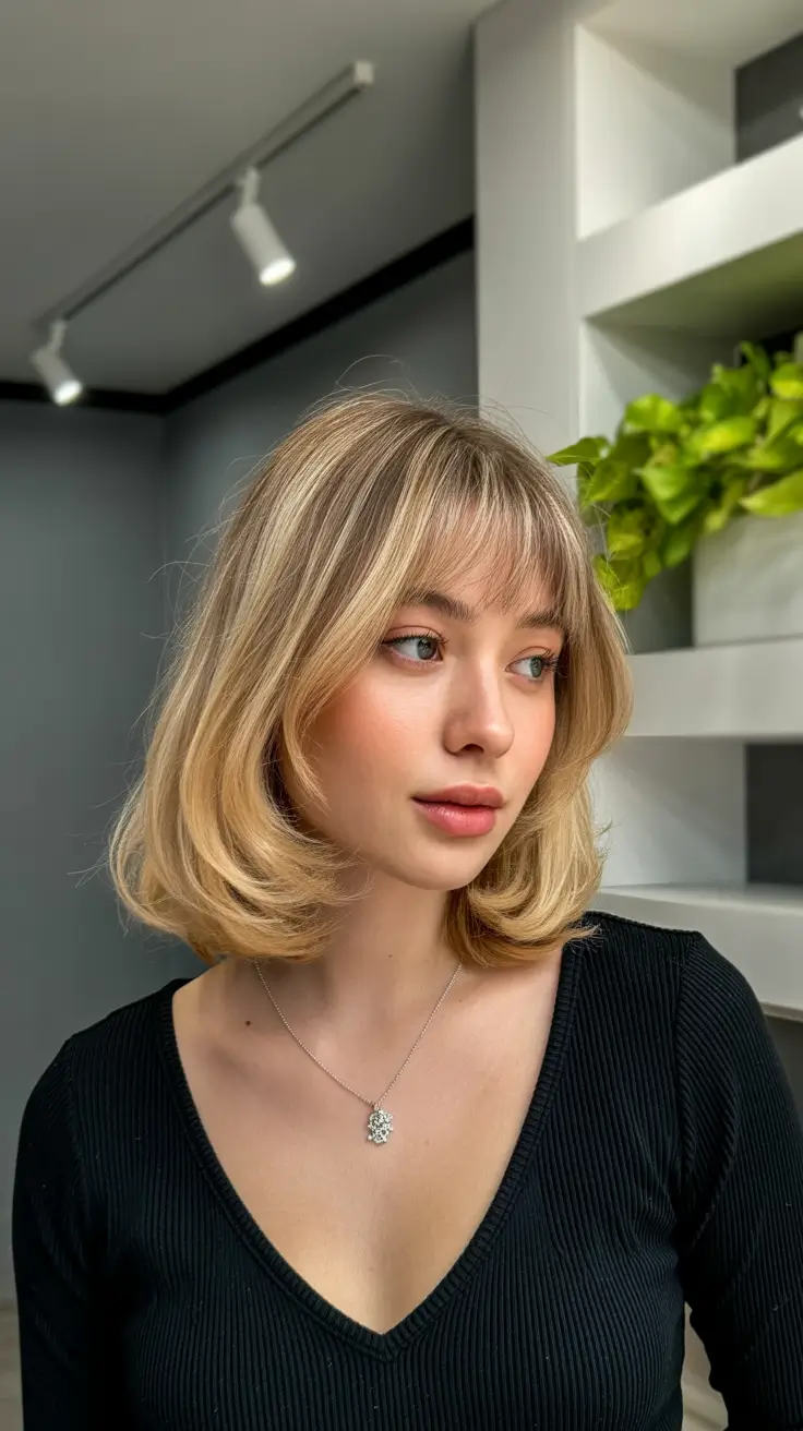 Winter Haircuts for Round Faces 2025 2026 Style Guide Soft Rounded Bob with Baby Bangs