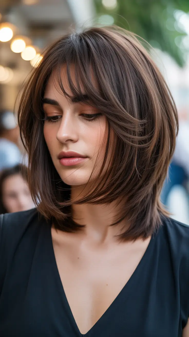 Winter Haircuts for Round Faces 2025 2026 Style Guide Layered Medium Cut with Curtain Bangs