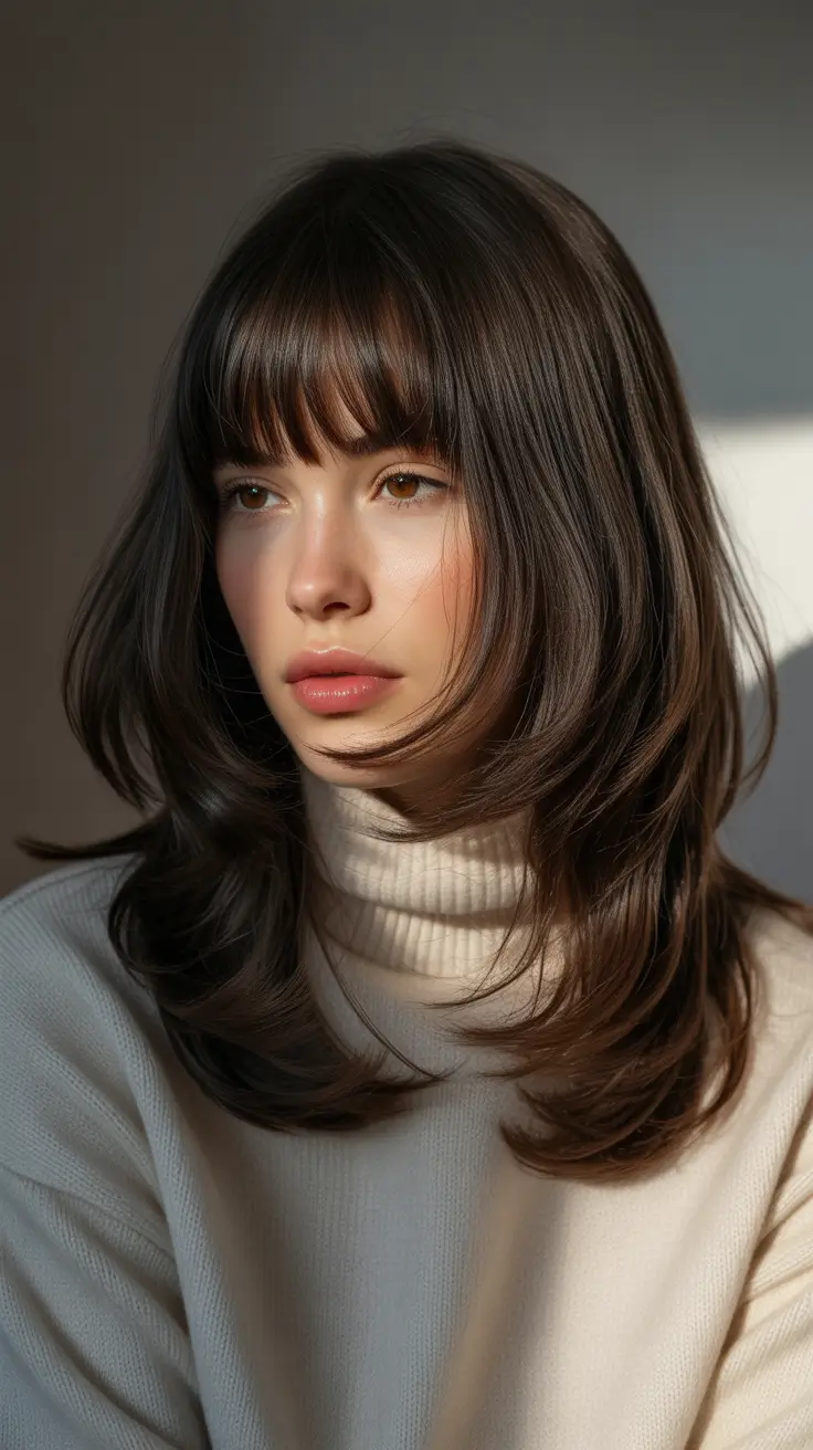 Winter Haircuts for Round Faces 2025 2026 Style Guide Classic Layered Shag with Full Fringe