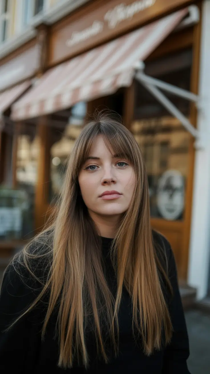 Winter Haircuts for Round Faces 2025 2026 Style Guide Long Sleek Layers with Blunt Bangs