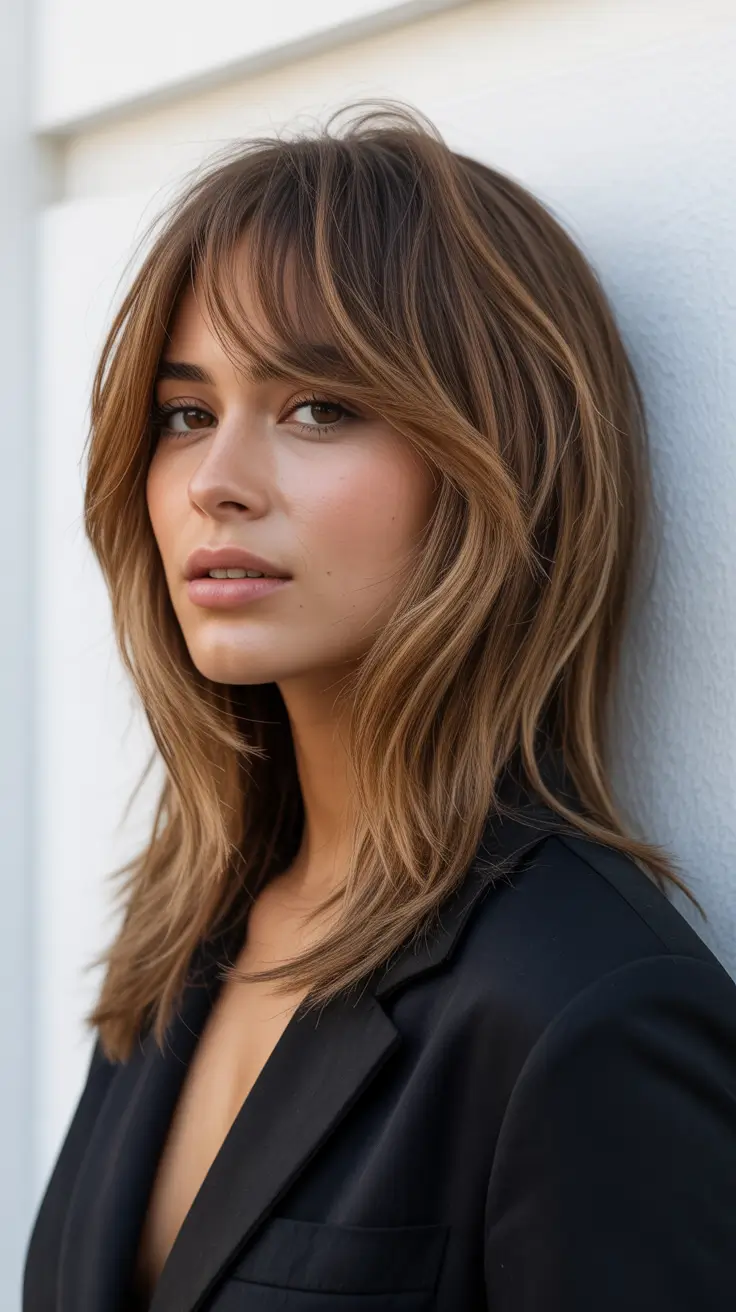 Winter Haircuts for Round Faces 2025 2026 Style Guide Modern Butterfly Cut in Chestnut Brown