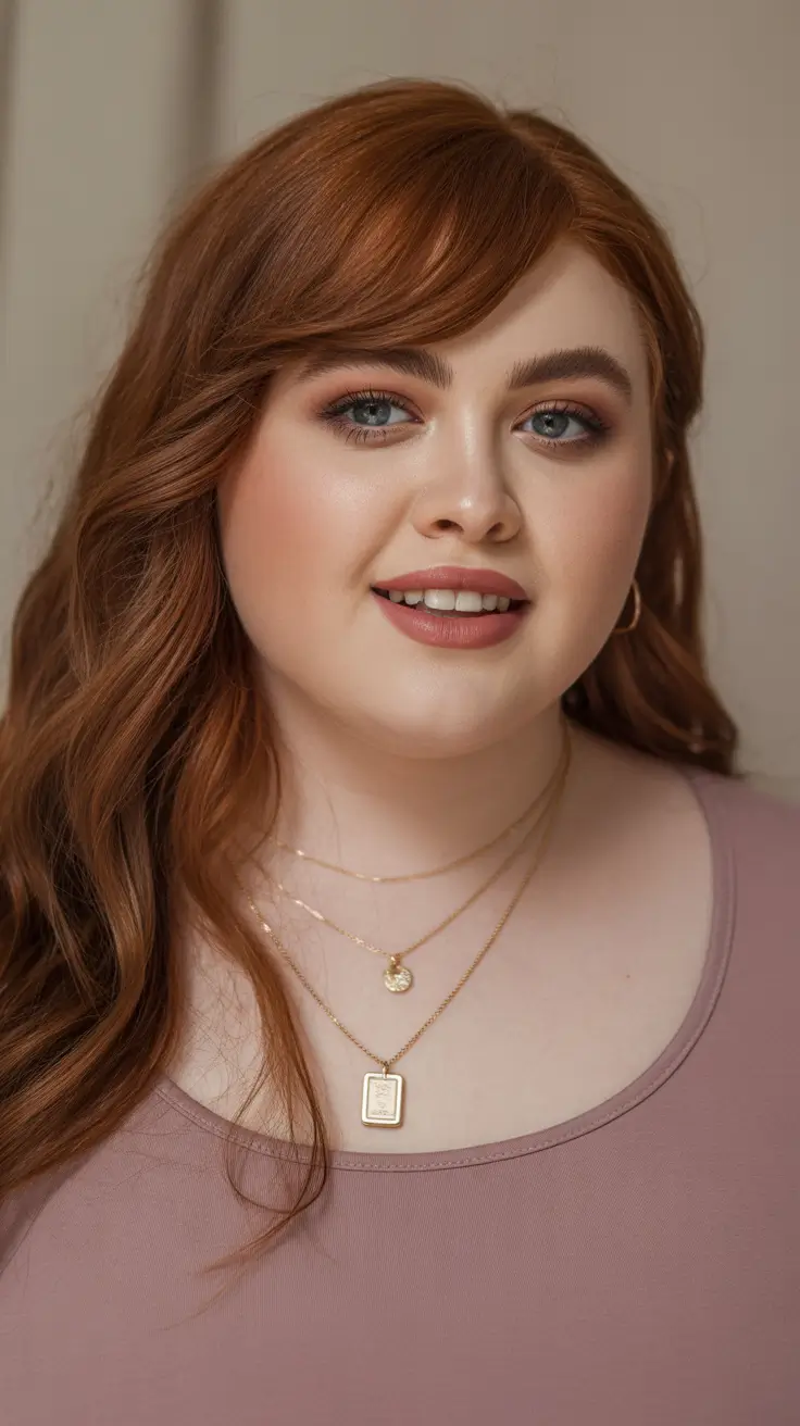 Winter Hairstyles 2025–2026 for Plus Size Women Copper Layers with Side Bangs