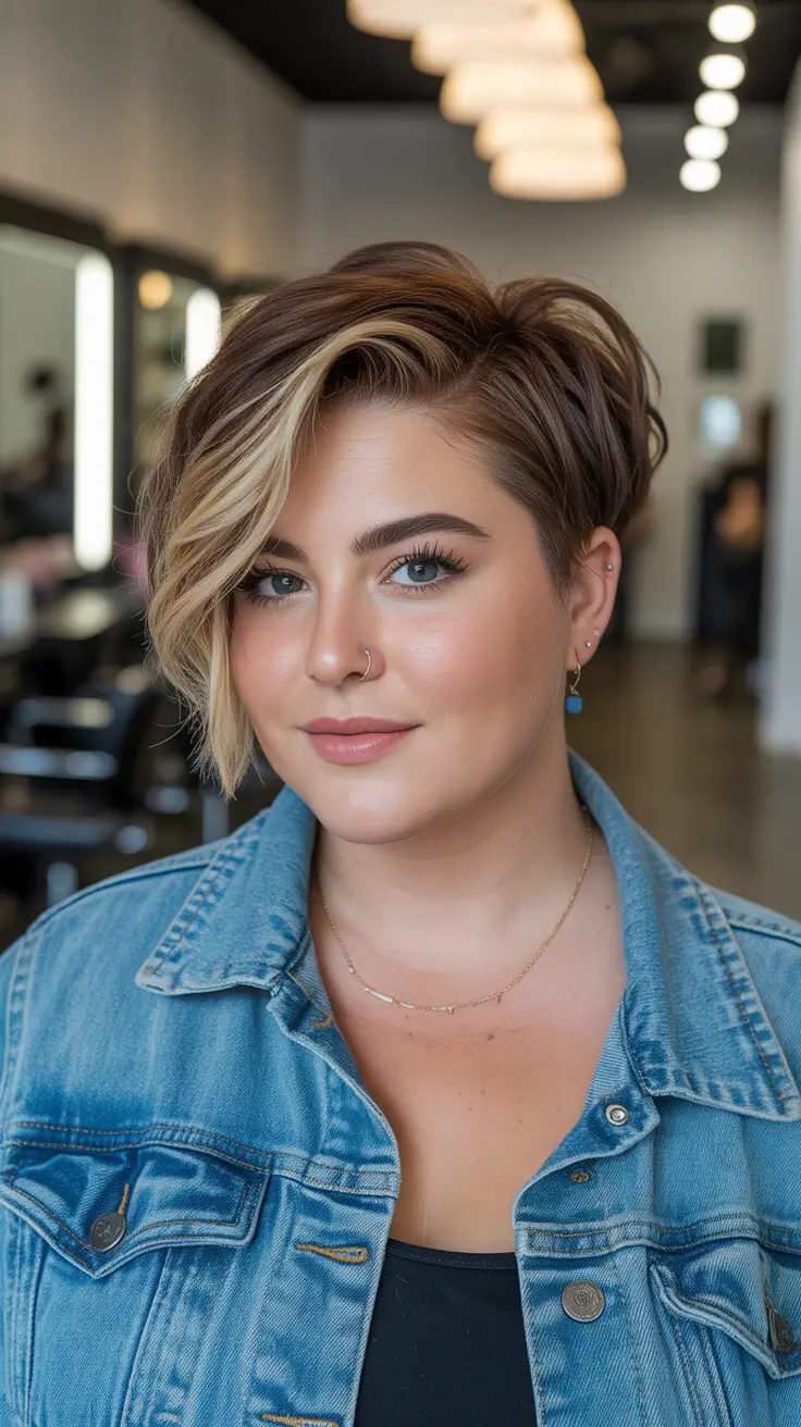 Winter Hairstyles 2025–2026 for Plus Size Women Side-Swept Pixie with Blonde Accents