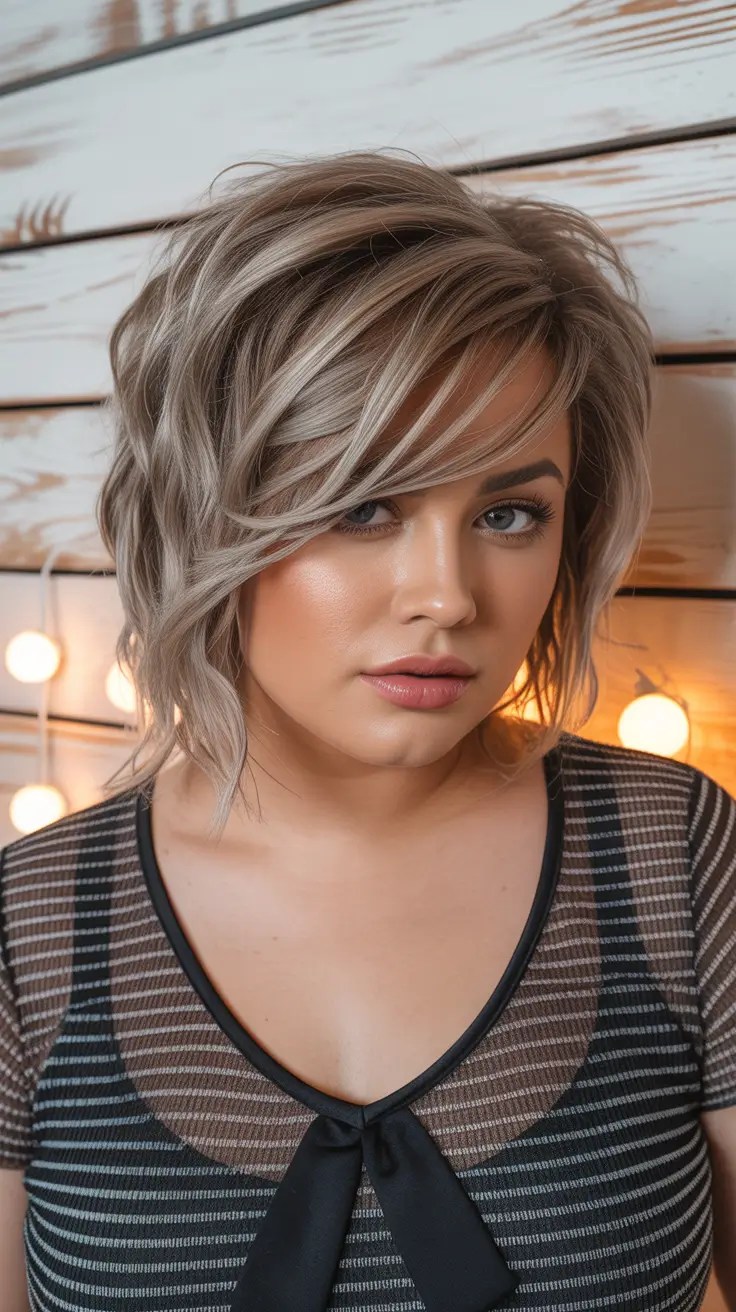Winter Hairstyles 2025–2026 for Plus Size Women Smoky Beige Bob with Tousled Texture