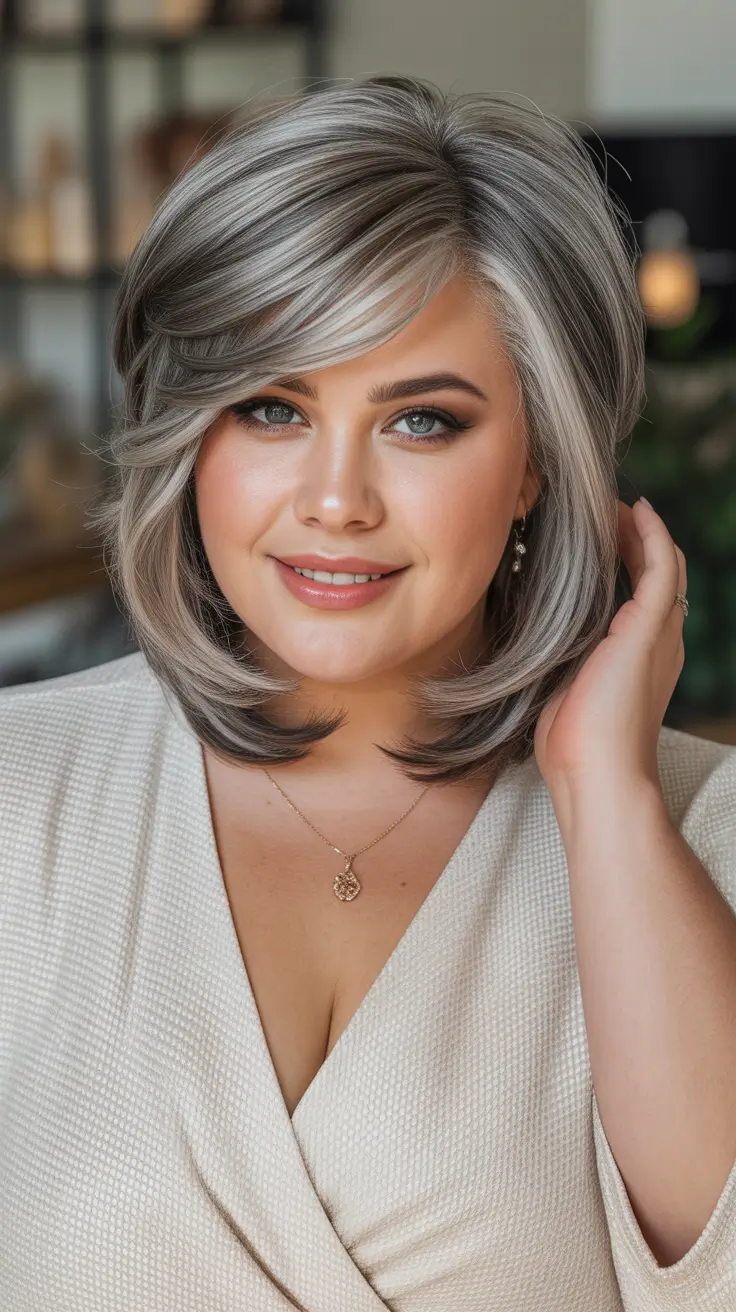 Winter Hairstyles 2025–2026 for Plus Size Women Silver Layered Lob with Shine Finish