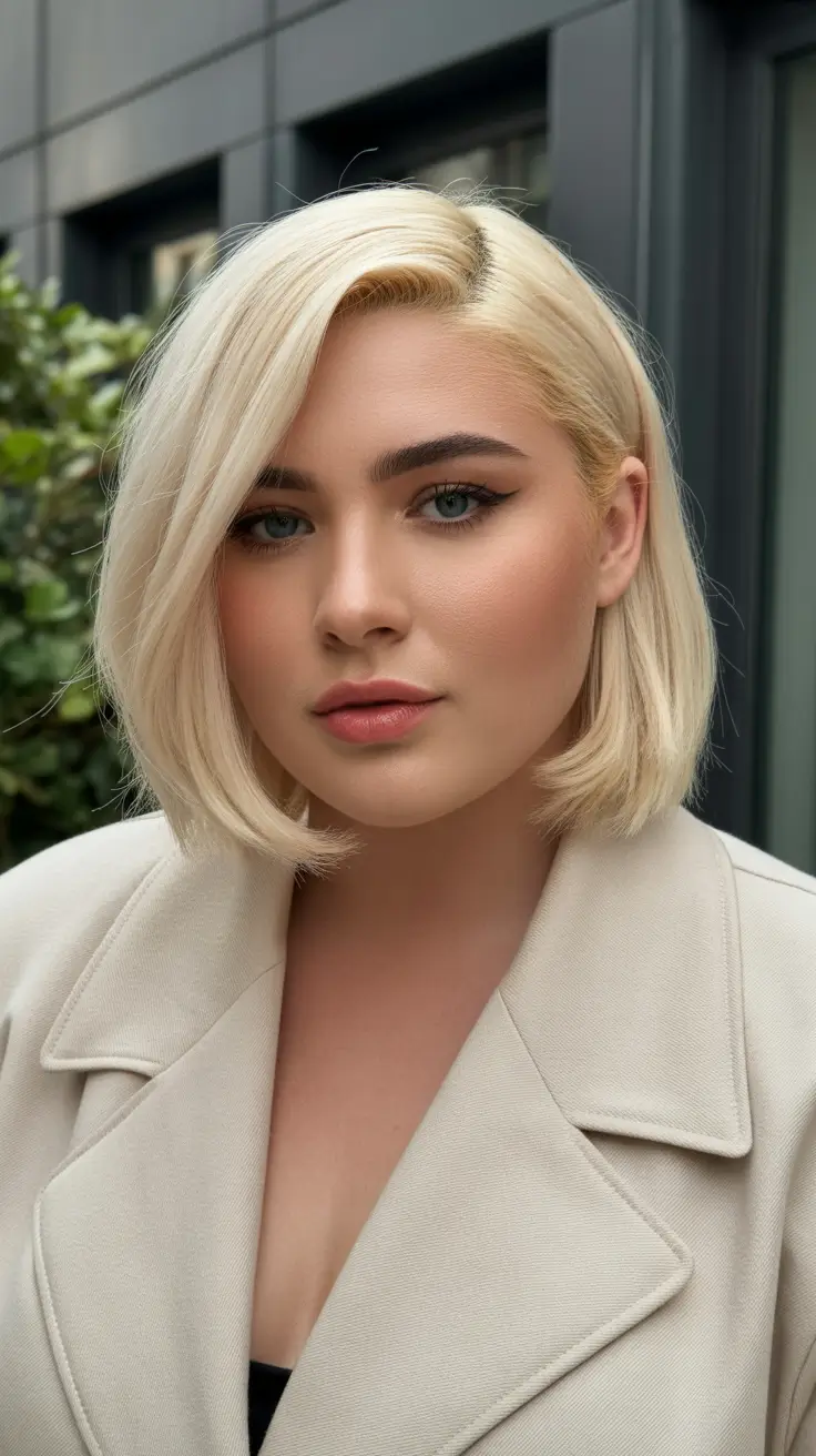 Winter Hairstyles 2025–2026 for Plus Size Women Sleek Platinum Bob
