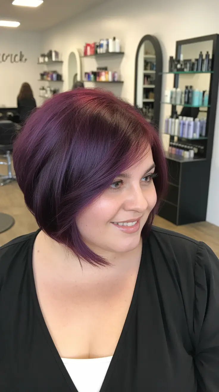 Winter Hairstyles 2025–2026 for Plus Size Women Rich Plum Angled Bob