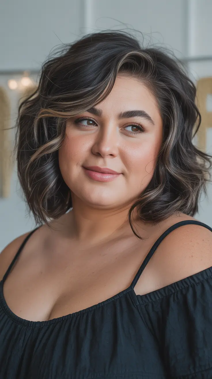 Winter Hairstyles 2025–2026 for Plus Size Women Soft Wavy Lob with Caramel Ribbons