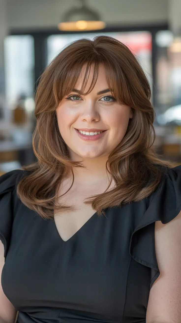 Winter Hairstyles 2025–2026 for Plus Size Women Chestnut Layers with Curtain Bangs
