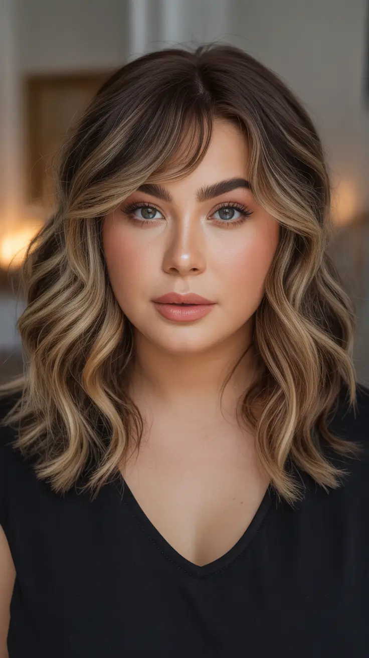 Winter Hairstyles 2025–2026 for Plus Size Women Medium Waves with Curtain Bangs