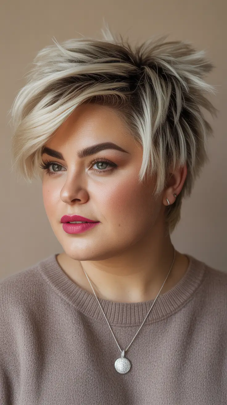Winter Hairstyles 2025–2026 for Plus Size Women Choppy Platinum Pixie