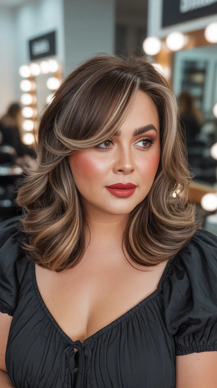 Winter Hairstyles 2025–2026 for Plus Size Women Layered Blowout with Face-Framing Highlights
