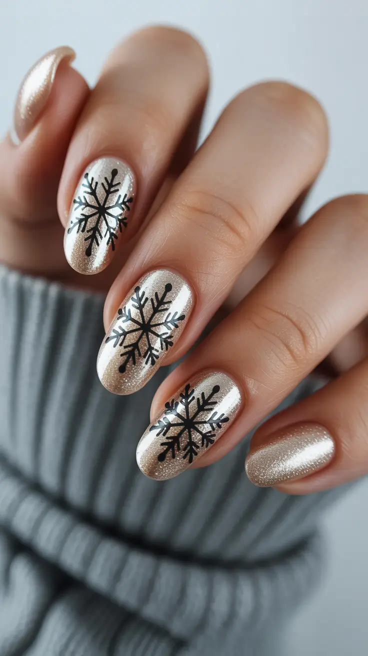 Winter Holiday Nails 2025-2026 Golden Frost Snowflakes