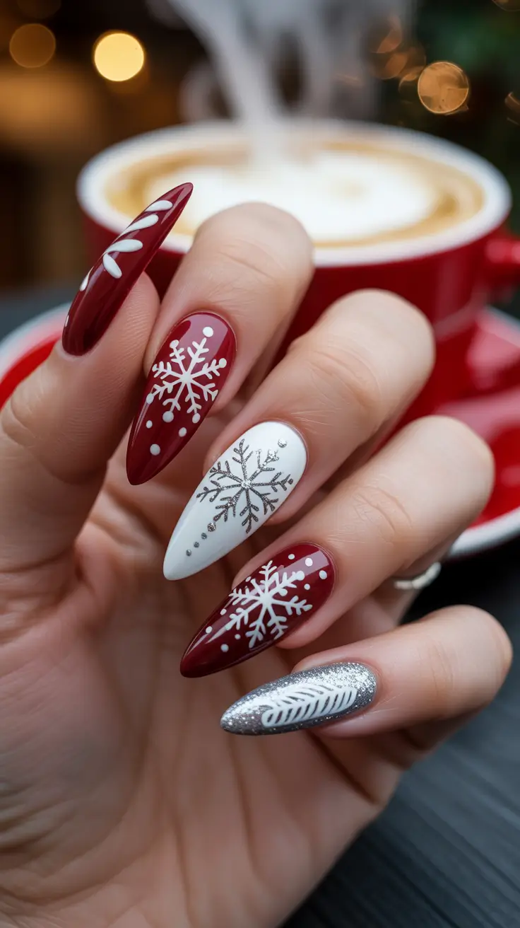 Winter Holiday Nails 2025-2026 Cranberry Snowflakes