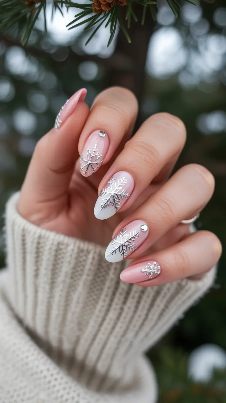 winter nail colors and designs ideas 2025-2026 Snowflake Crystal Dreams