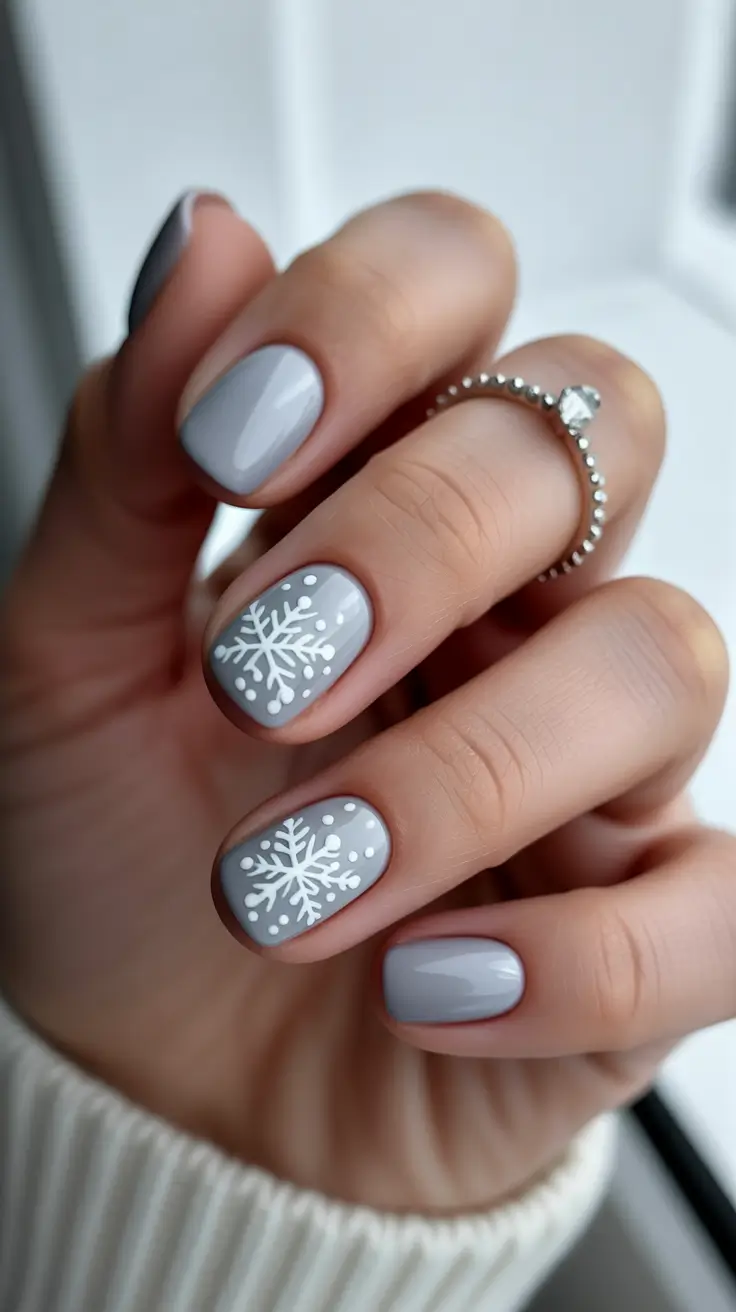 winter nail colors and designs ideas 2025-2026 Frosted Gray Snowflakes