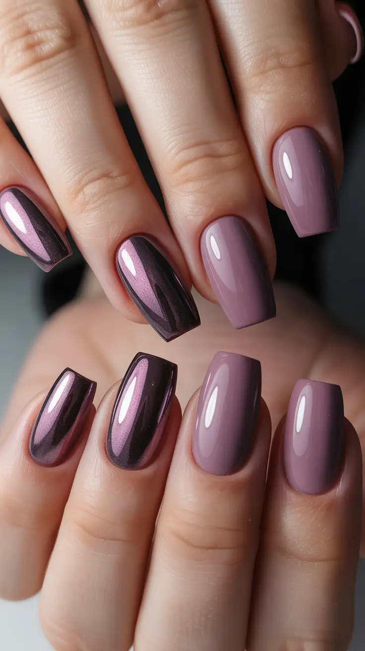 winter nail colors and designs ideas 2025-2026 Metallic Mauve Glow