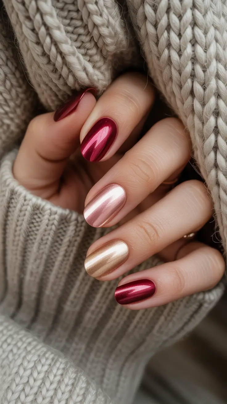 winter nail colors and designs ideas 2025-2026 Metallic Mulled Wine
