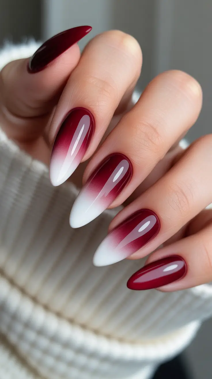 winter nail colors and designs ideas 2025-2026 Crimson Frost Ombre