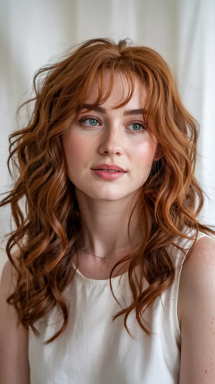 auburn hair colors 2026 Soft Curled Auburn with Whisper Bangs