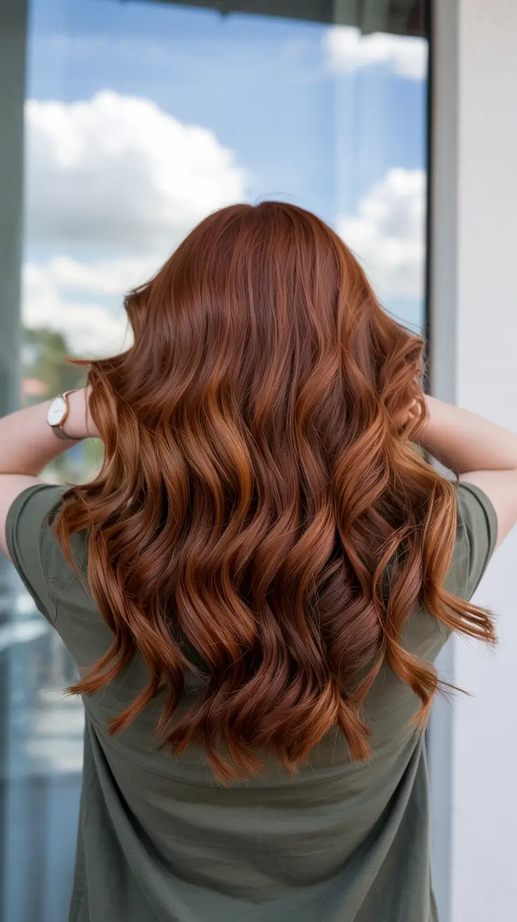 auburn hair colors 2026 Sunset Auburn Waves
