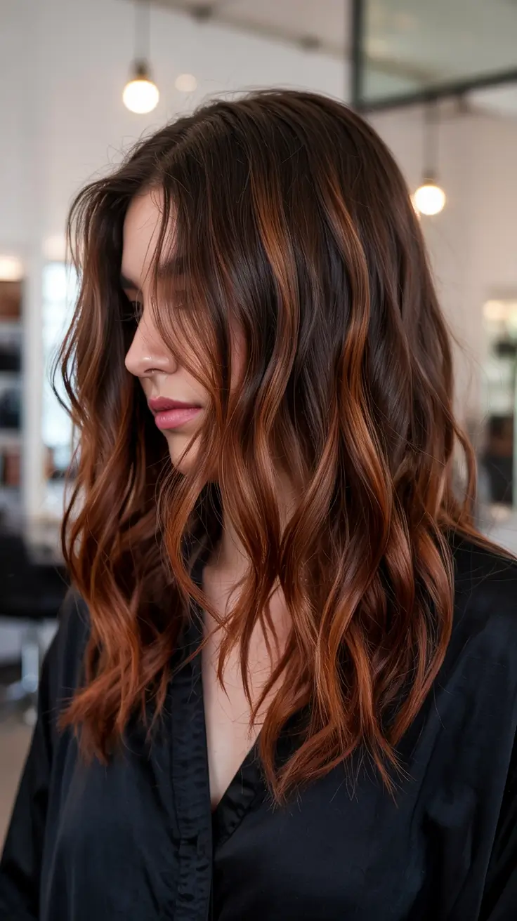 auburn hair colors 2026 Copper Mocha Waves with a Soft Edge