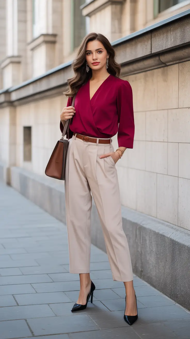 Best brunch outfits 2026 Burgundy Elegance Meets Effortless Workwear