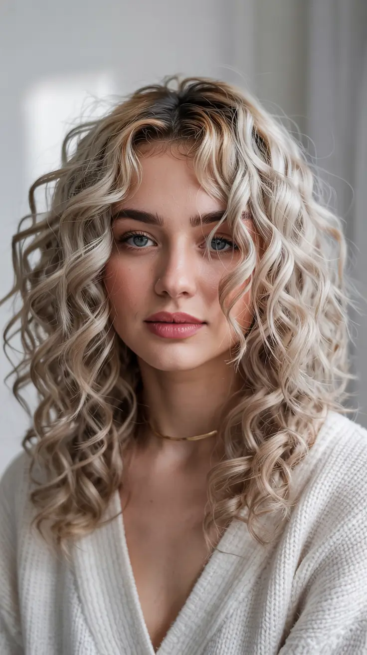 blonde hair colors 2026 Curly Frosted Blonde Texture Meets Tone