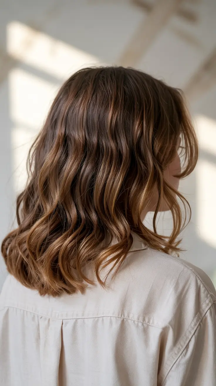 brown hair colors 2026 Soft Ribbon Waves with Honey Chestnut Blend