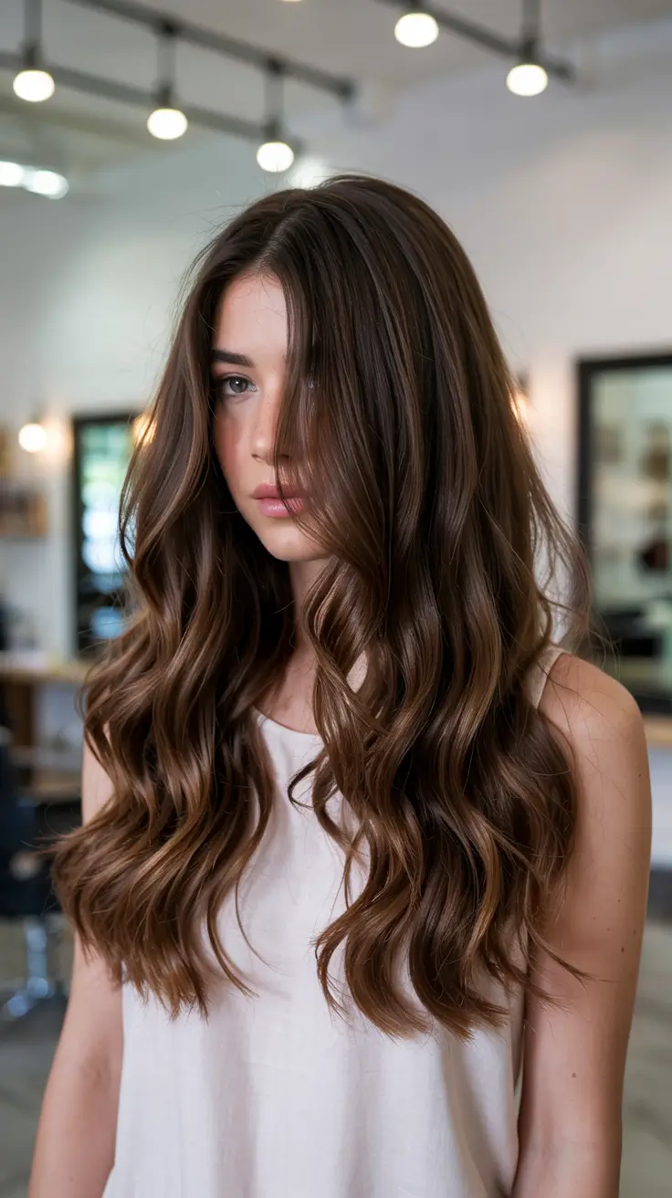 brown hair colors 2026 Chocolate Ribbon Curls with Polished Length