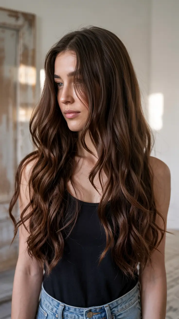 brown hair colors 2026 Toffee-Toned Loose Layers with Middle Part
