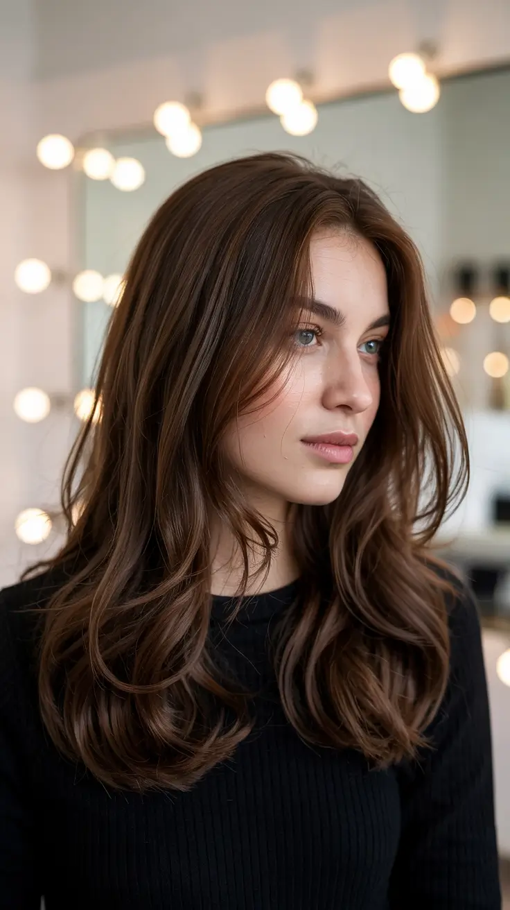 brown hair colors 2026 Light Mahogany Layers with a Glossy Finish