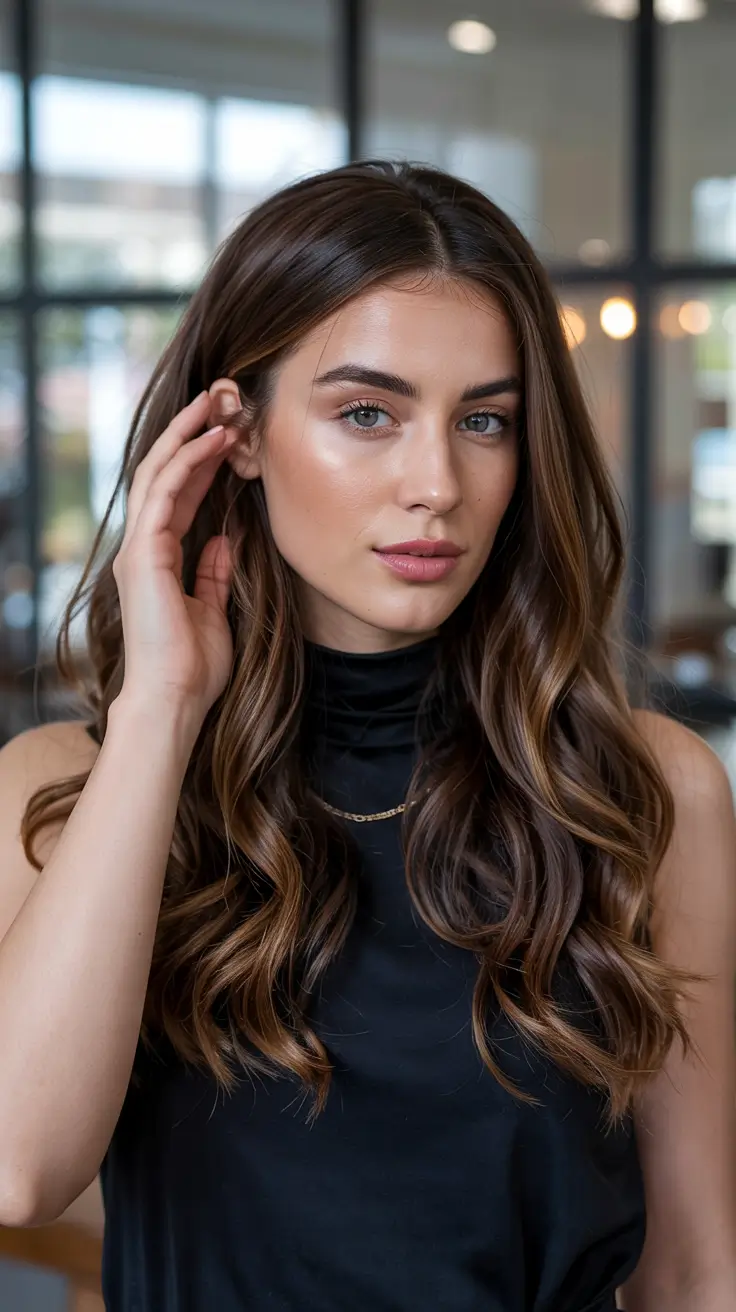 brown hair colors 2026 Rich Mocha Curls with Subtle Lowlights