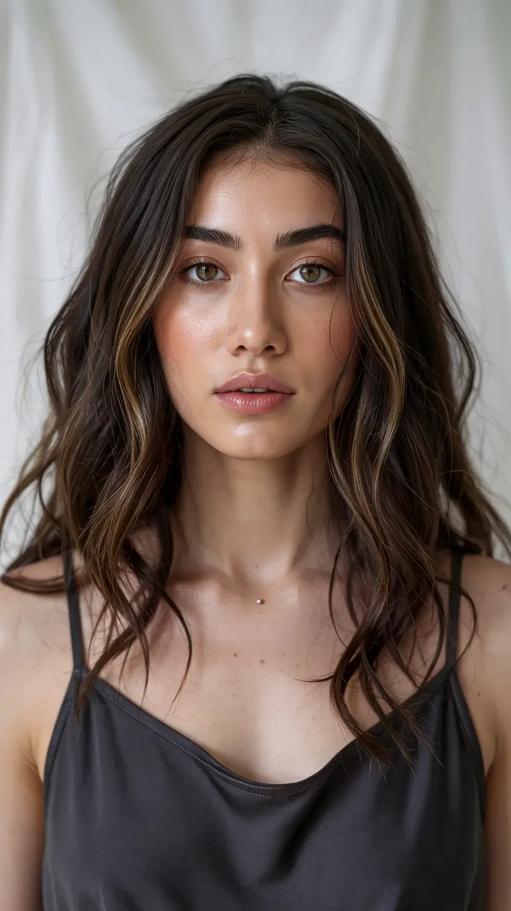 brown hair colors 2026 Subtle Ash Brunette with Tousled Texture