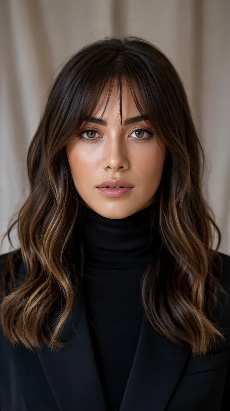 brown hair colors 2026 Face-Framing Brunette with Fine Highlights and Wispy Bangs