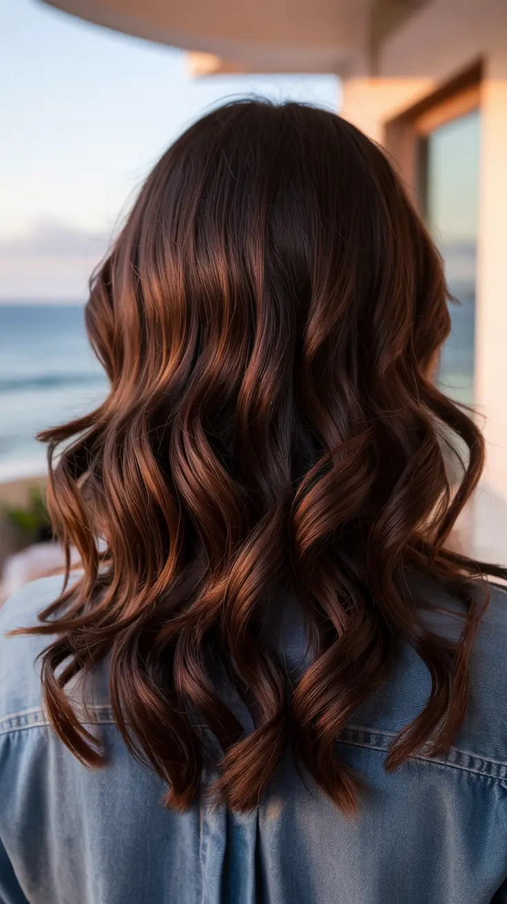 brunette hair colors 2026+Glossy Chocolate Waves with Sunset Warmth