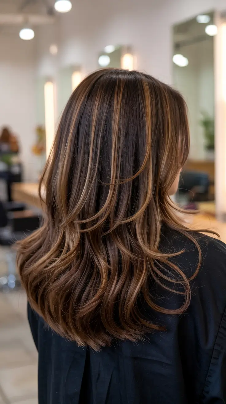brunette hair colors 2026+Honey-Foil Highlights on Espresso Layers