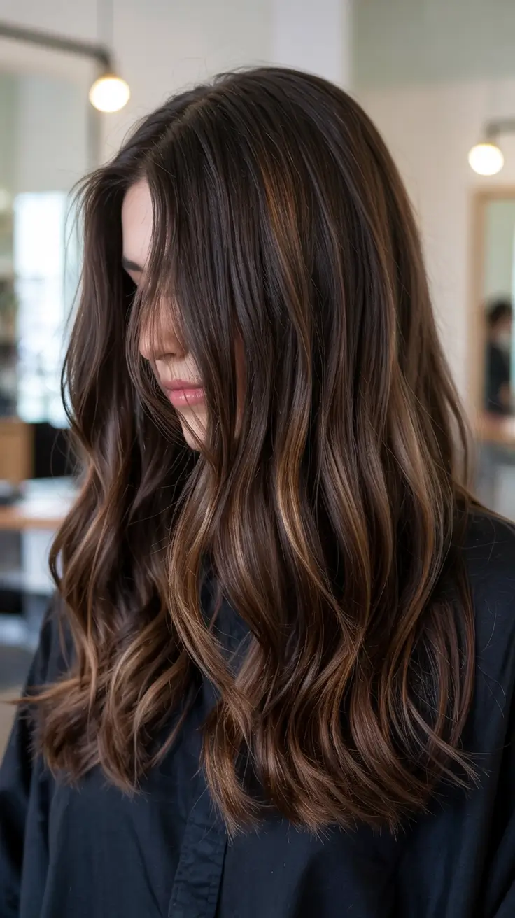 brunette hair colors 2026+Bronzed Ribbon Brunette with Gentle Drop Layers