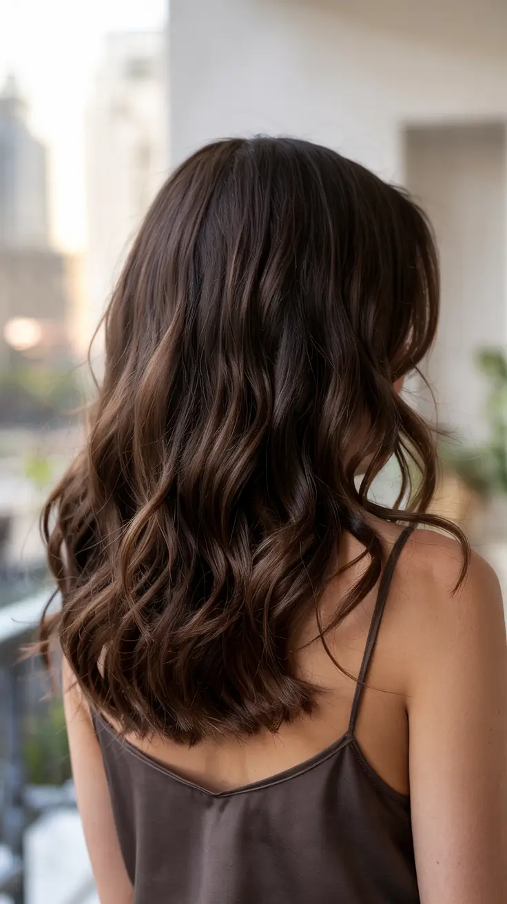 brunette hair colors 2026+Airy Mid-Length Waves with Espresso Depth